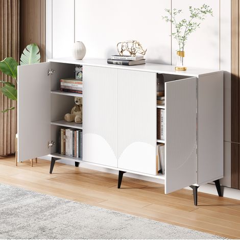 Aparador 160/35/100 cm en blanco con puertas decorativas y apertura push-to-open, moderno (1/5)