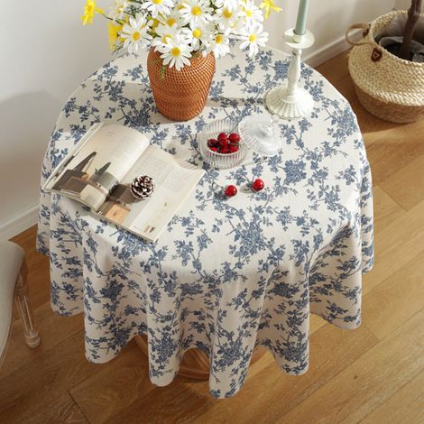 Tischdecke aus Baumwollleinen mit pastellblauem Blumenmuster, 140 cm, rund, für den Innen- und Außenbereich im Bauernhausstil, für Partys, Picknicks und den täglichen Gebrauch