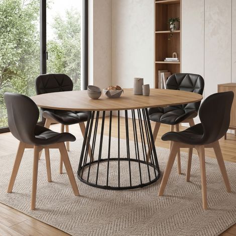Conjunto de mesa de comedor redonda extensible YUNA con tablero de madera y pata de alambre metálico 110-150 cm y 4 sillas ROBIN