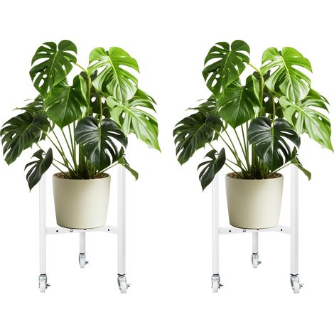 Lot de 2 supports pour pot de fleurs en métal avec roulettes, porte‑pots mobile, étagère à plantes réglable, intérieure et extérieur pour jardin, maison,salon et balcon - blanc (1/5)