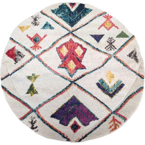 Tapis berbère motifs tribaux Ø160cm blanc rond LYN5 OURIKA