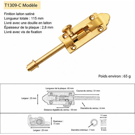 Verrou à coulisse carré en laiton mat brossé avec douille en cuivre 11.5 cm réf 7271 11,5 × 2,5 × 1,1 cm 65 g – Livraison gratuite