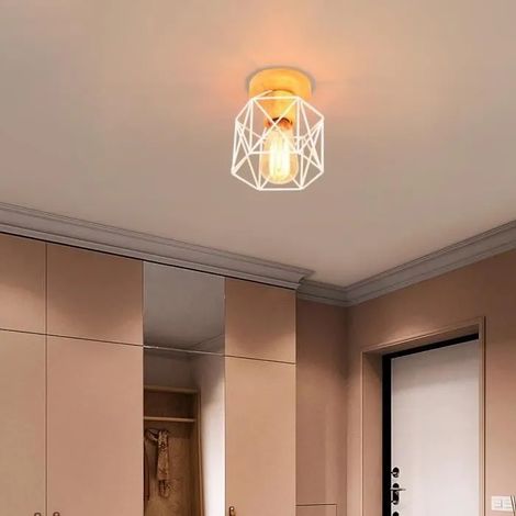 Plafonnier Retro en Cage Carré,Lustre Industriel Abat-jour Fer E27 Éclairage Plafonnier Designe Edsion,14cm,Blanc (1/4)