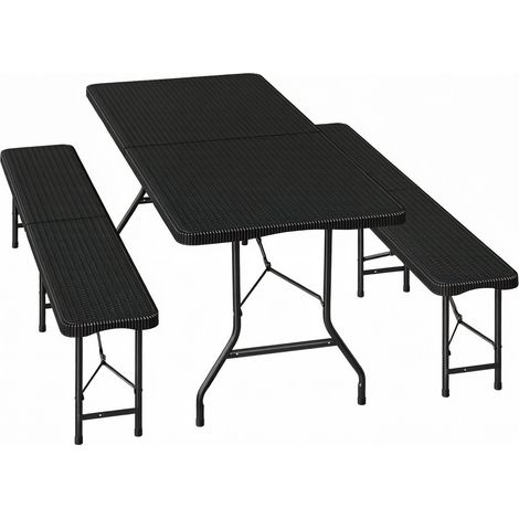 Ensemble mobilier de jardin pliable noir pour 8-10 personnes avec table 180x74x70 cm et 2 bancs pliants (1/5)