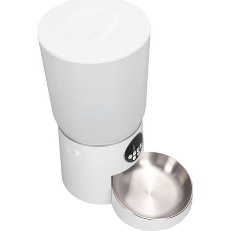 Distributeur automatique de croquettes pour chat, 5 L, à minuterie intelligente et double alimentation, blanc, type bouton. (1/5)