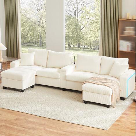 Sofá en U 334 x 128,5 x 81 cm de pana beige con almacenaje, LED, USB/Type-C y 2 pufs (1/5)