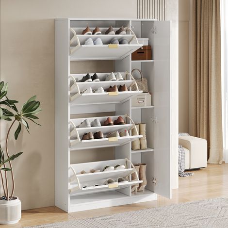 Meuble à chaussures avec Miroir 80x24x147 cm - Rangement 4 Casiers Coulissants, Étagères Réglables, pour Entrée Couloir - Blanc (1/5)