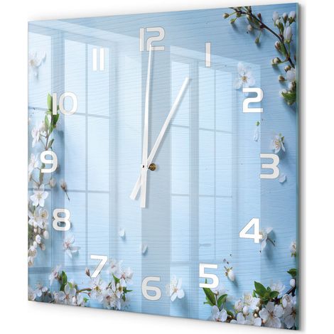Grande Horloge Murale Carrée Décoration Cuisine en Verre Trempé Silencieuse Moderne Arrière-plan de fleurs de cerisier 60x60 cm (1/5)