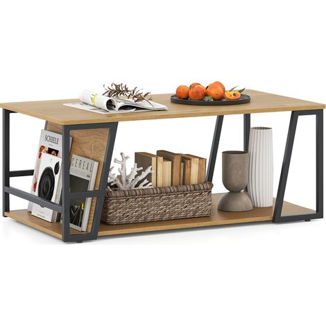 COSTWAY 100x55cm 2-Tier Coffee Table with Storage Shelf and Gold Frame Natural (1/5)