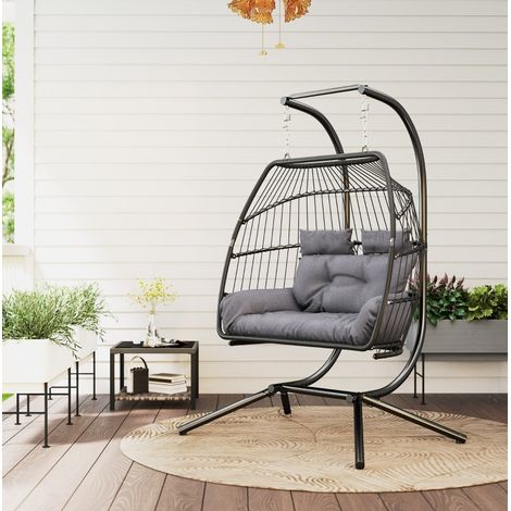 Fauteuil suspendu 2 places avec support pliable 170x100x185 cm en polyrattan gris foncé (1/5)