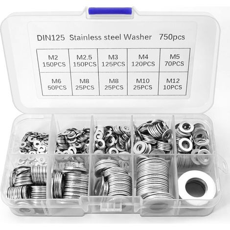 Pack of 750 assorted stainless steel flat washers, 9 sizes M2 M2.5 M3 M4 M5 M6 M8 M10 M12, durable metal washers for repair, home decor and construction (1/5)