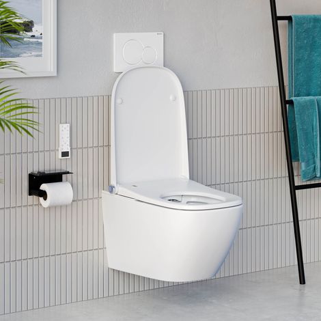 BERNSTEIN - Pack WC japonais Pro+1104 + Bâti-support Geberit, Toilettes suspendu lavant + Télécommande - 38x59x38cm - Plaque Blanc Brillant