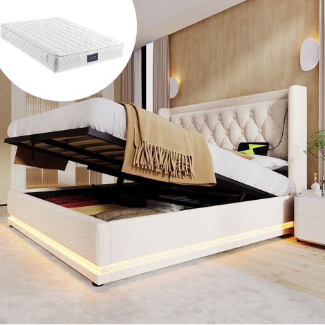 lit adulte double rangement USB 140x200 coton beige OKMYHOME (1/5)