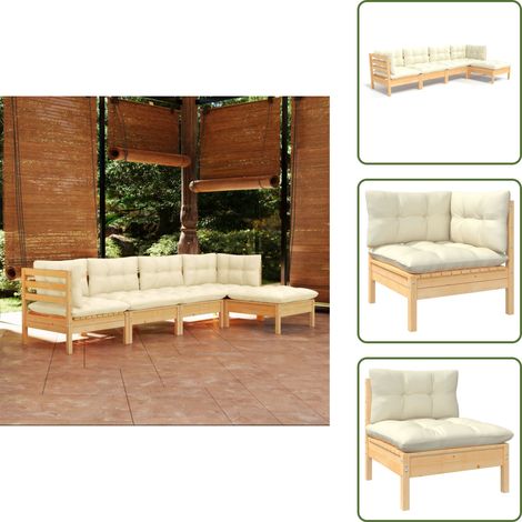 The Living Store 5-tlg. Garten-Lounge-Set mit Creme Kissen Kiefernholz - Gartensessel - Lounge Set - Gartenmöbel - Outdoor Möbel - Rattan Sessel (1/5)