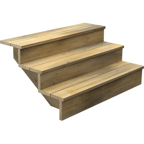 Escalier Bois Exterieur - 3 Marches Pleines - Largeur : 1m20 - Hauteur : 51cm - Avec Contremarches - Pin du Nord - Traité Autoclave
