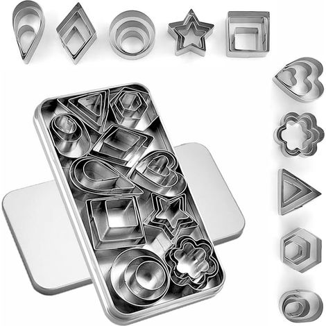 Set di 30 mini tagliabiscotti con scatola, piccoli tagliabiscotti in acciaio inox per frutta e verdura, tagliabiscotti in argilla polimerica per bambini, set di stampi per biscotti geometrici