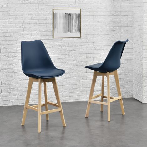 Set Lublin di 2 Sgabelli da Bar con Seduta Imbottita e Gambe in Faggio - Blu [en.casa] (1/5)