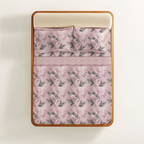 Ensemble de draps feuilles roses - 100 % coton naturel - élégant et respirant - Fabriqué en Italie, lavable 2 PLACES