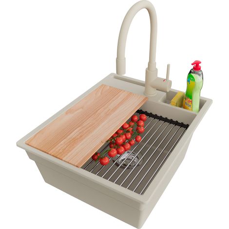 PRIMAGRAN Evier Cuisine en Granit 43x53cm,Lavabo 1 bac + Robinet 38x14cm + Kit de Vidage + Accessoires, Évier à Encastrer au meuble 45cm - Oslo Pocket, Beige (1/5)