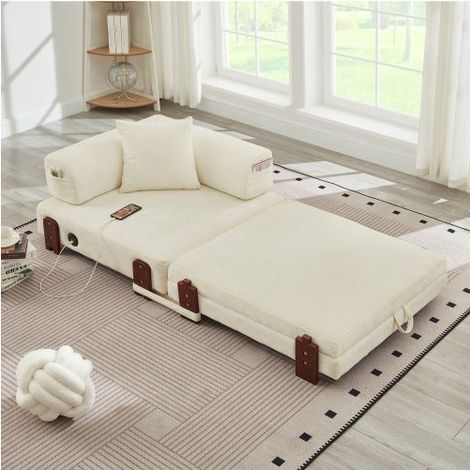 Canapé Convertible 170x84x48cm Tissu Beige 2en1 Compact - Canapé-Lit - USB/Type-C, Coffre de Rangement, Poches Latérales (1/5)