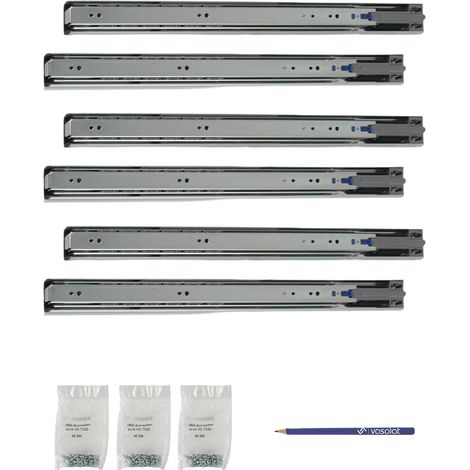 Schubladenschienen 450mm softclose Kugelführung - Vollauszug mit integrierter Dämpfung, 32-Systemlochung - 3 Paar