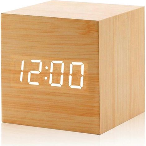 Réveil numérique en bois avec commande vocale, affichage température et date, 3 alarmes, horloge de table électronique USB, réveil de chevet LED (1/5)