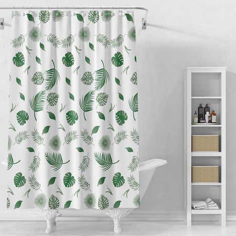 Rideau de douche - Rideau de douche imperméable - Rideau de séparation de douche - Avec anneaux en plastique - Pour douche et baignoire - Motif petites feuilles vertes - 180 x 180 cm - PEVA - Vert (1/5)