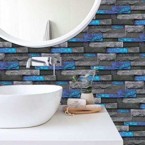 Lot de 12 stickers muraux adhésifs 30 x 15 cm, crédence pour cuisine et salle de bain, autocollants pour carrelage effet brique et pierre bleue