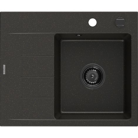 Mexen Ben évier en granit 1 bac avec égouttoir à droite 600 x 500 mm, noir/doré métallisé, siphon noir - 6523605000-75-B (1/5)