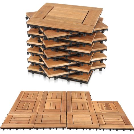 Wolketon 66 Stück Holzfliesen Mosaik-Latten 6 qm, 30x30cm Terrassenfliesen Klickfliesen Balkonfliesen mit Drainagensystem, Wetterfest aus Akazienholz