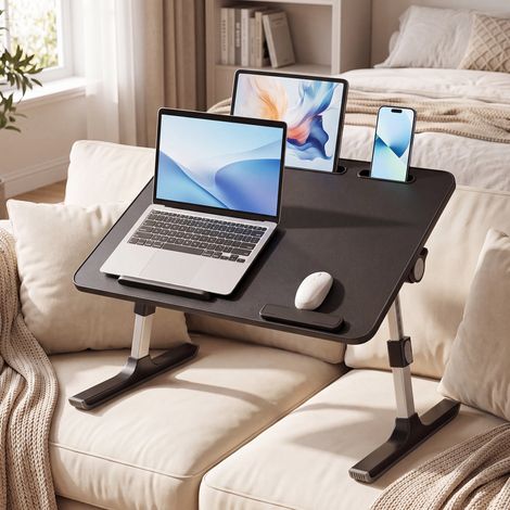 Table de Lit, Support Ordinateur Portable avec Tiroir, 60 x 40 x 25 cm, Noir (1/5)