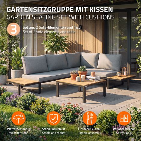 ML-Design Gartenmöbel Set 3 tlg, Terassenmöbel mit Couchtisch & Kissen, Balkonmöbel Grau-Holzoptik, Ecksofa wetterfest, Sitzgruppe frei kombinierbar, Lounge Möbel Outdoor für Garten, Terrasse & Balkon