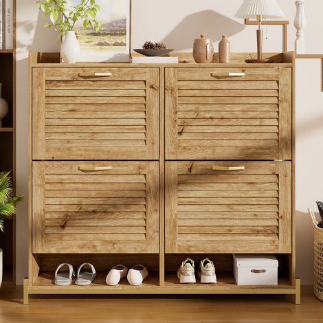 Meuble à chaussures moderne à portes lames bois, meuble de hall à 4 portes, cadre métallique et plateau de dépose, organisateur compact pour entrée, hall ou chambre (108,5×24×100 cm) (1/4)