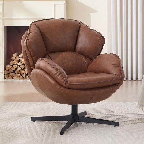 Loungesessel mit 360° Drehung, PU-Leder, braun, moderner Ohrensessel (1/5)