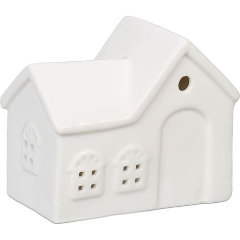 Relaxdays Casetta Portacandele in Ceramica, Casa Luminosa Porta-Tealight, per 1 Candelina, HLP: 9 x 11 x 6 cm, Bianco