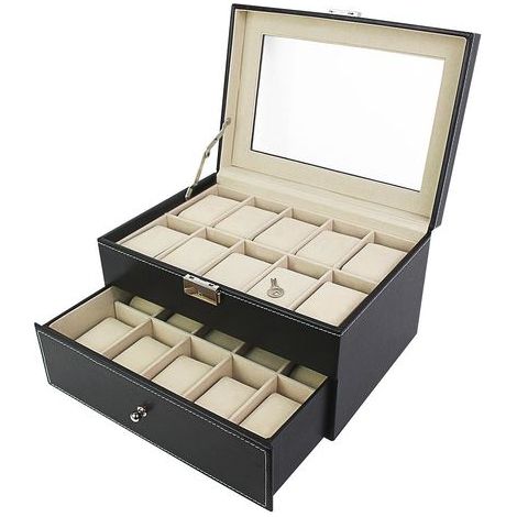 Coffret à Montres, Boite pour Montres et Bracelets, 20 montres avec vitre et tiroir, Noir/Beige, Dimensions: 28,5 x 20,5 x 15 cm (1/5)