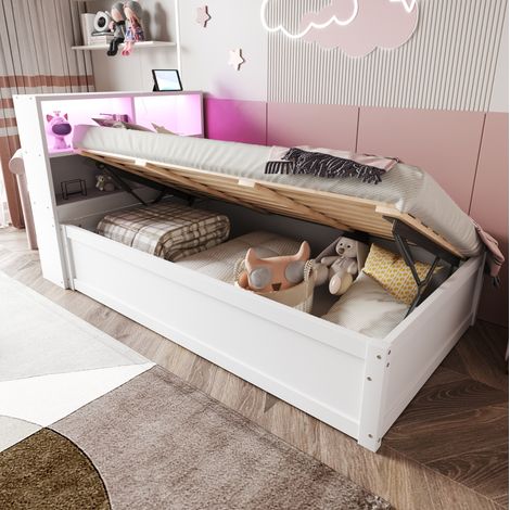 Cama individual multifuncional moderna de madera blanca 90x200 cm con cabecero LED, enchufe integrado y arcón (1/5)