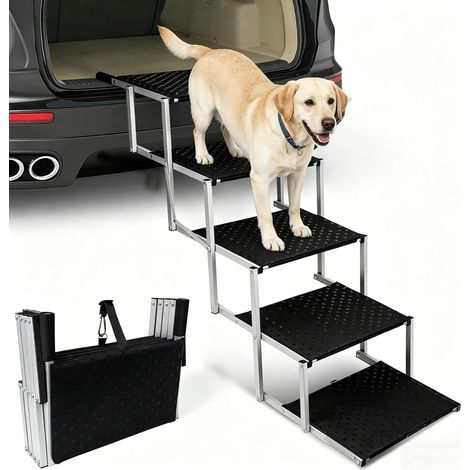 Escalier pour Chien 5 marches, Rampe Voiture pour Chiens Pliable, Charge 113 kg, Surface antidérapante, Aluminium léger, Larges marchepied Portable pour Compagnie, Voiture, SUV, Camion argenté (1/5)