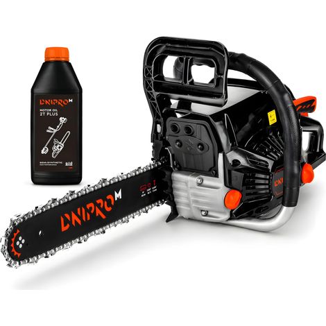Dnipro-M Motosierra Gasolina 45cc 2000W + Aceite de Motor 1L, Espada 40 cm, Motor 2 Tiempos, Arranque Fácil Easy Start, Sistema Antivibración y Freno de Cadena, Corte Leña y Jardin. DSG-45HE