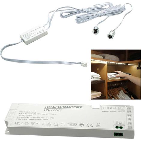 Kit 2 sensori interruttore per strip led armadi mobili sensore per luci con alimentatore 12V 24V 60 watt