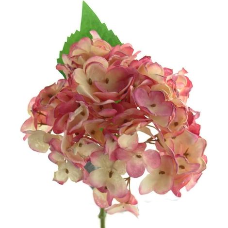 Hortensienblüte Pink & Creme mit Blatt 34 cm - Kunstblumen