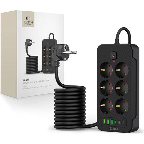 TECH-PROTECT PC6X6 Steckdosenleiste, 3 USB-Anschlüsse, 3 USB-C-Anschlüsse, 6 Steckdosen, 200 cm, Schwarz