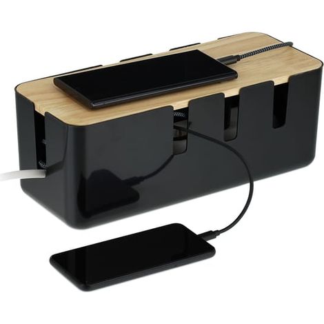 Relaxdays Boîte cache-câbles, pour 2 multiprises, couvercle en bois, plastique, HLP : 11,5 x 30,5 x 12,5 cm, noir (1/5)