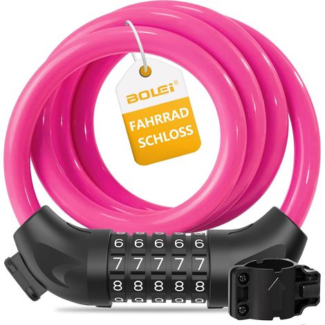 12 mm Stahlkabel-Fahrradschloss, 120 cm, 5-stellige Zahlenkombination, wasserdicht, rosa, für E-Bikes und Kinderwagen (1/5)