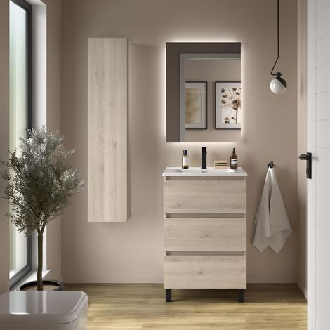 Meuble de salle de bain BEQUIA 3C 60cm Naturel Vasque Porcelaine Centrale (1/5)