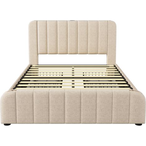 Cama doble capitoné 160x200 cm beige en lino con 4 cajones, USB y Type-C MODENUIT (1/5)