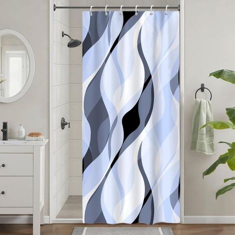 Duschvorhang, 90 x 180 cm, wasserdichtes Polyester, schimmelresistent, blau-grau gestreift, Badezimmer mit 6 Haken (1/5)