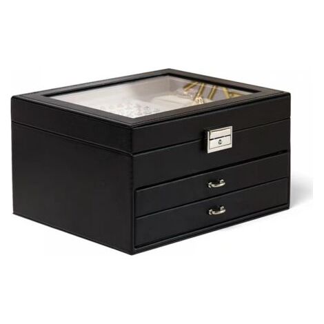 (Noir) Boîte de rangement pour bijoux en cuir à 3 couches, boîte de rangement pour bagues et boucles d'oreilles (1/5)