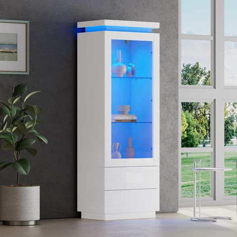 Vitrine 60x40x171cm, meuble haut avec 2 tiroirs, armoire vitrée brillante LED, étagère à portes en verre et rabat, blanc (1/5)