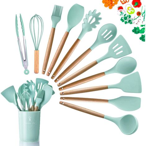 11 utensilios de cocina, silicona resistente al calor (230 °C), mangos de madera, sin BPA, para sartenes antiadherentes, color verde. (1/5)